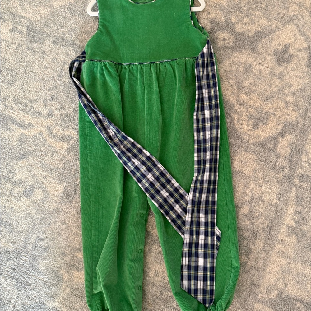 The Beaufort Bonnet Company Green Corduroy Overalls with Navy Plaid Bow